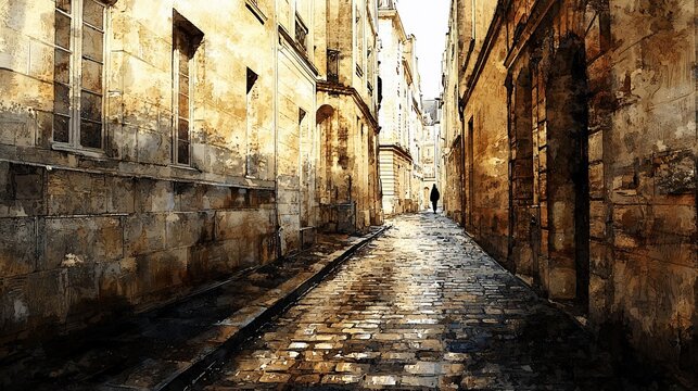 Fototapeta Solitary figure walking down a narrow, ancient, cobblestone street in a European city.
