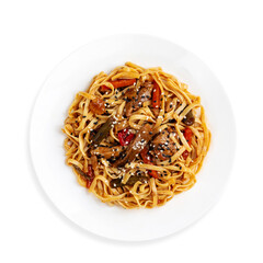 Udon noodles with beef and vegetables in teriyaki sauce, top view, on a white background, isolated.