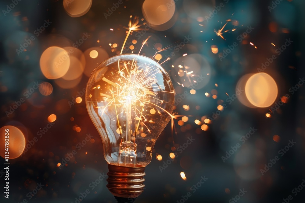 Poster a light bulb with a spark inside illuminates the surroundings, producing a vibrant array of colors a