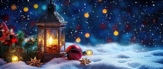 Magical Christmas Lantern Scene with Snow, Ornaments, and Festive Lights