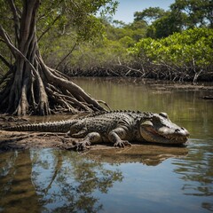 Obraz premium A crocodile sunbathing near a mangrove tree.
