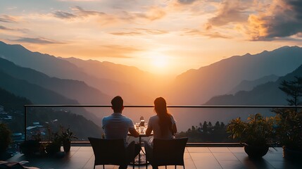 Obraz premium Couple enjoys sunset view from mountaintop balcony