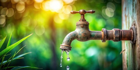 A rusty water faucet with drops of water dripping from the spout against a blurred background of green leaves and sunlight.