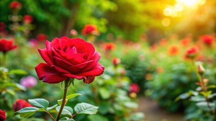 Obraz premium Beautiful red rose standing out in a lush flower garden, red, rose, flower, garden, nature, beauty, vibrant, petals, blooming