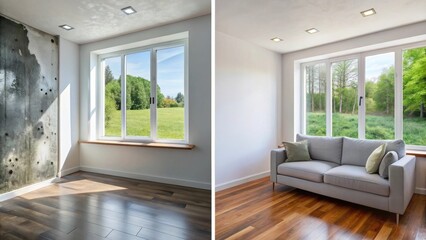 Fototapeta premium Before and After Home Renovation Transforming a Room with a Modern Touch and a Cozy Sofa