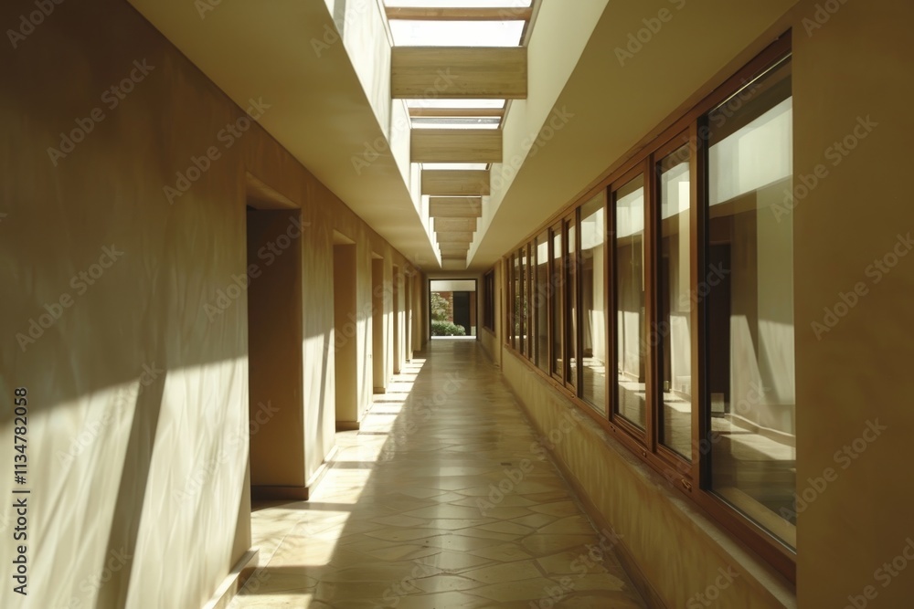 Poster a corridor features large windows flooding the space with natural light, emphasizing the minimalist 