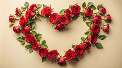 Obraz premium Romantic heart shaped flower arrangement with red roses and green leaves on a light beige background