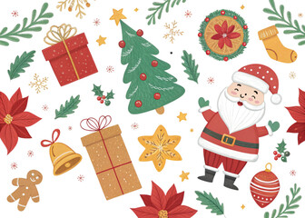 A collection of Christmas decorations including snowmen snowman and Christmas tree Elements Set
