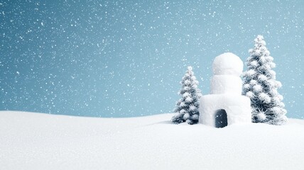 Winter landscape featuring a snowman and pine trees in a snowy setting.