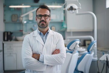Fototapeta premium The dentist, wearing a white coat and glasses, stands confidently with crossed arms in a well-equipped dental office, fully prepared to assist his patients.