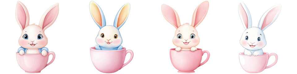Baby bunny fluffy and warmth, A playful arrangement of colorful bunnies sitting in pink teacups, featuring various expressions and designs.