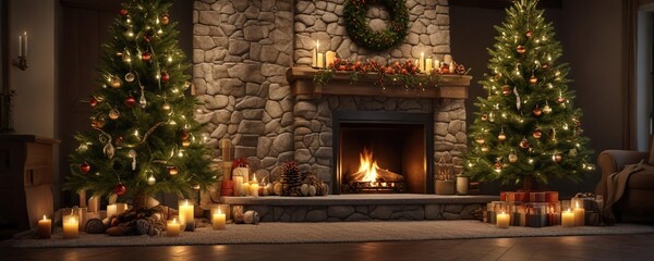Fototapeta premium Ornamented Christmas tree placed in front of the stone fireplace with candles and pinecones, pinecones, winter festive