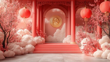 Red Chinese temple scene with lanterns, cherry blossoms, and clouds.