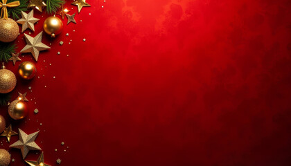 Christmas celebration red background with gold baubles, ribbon bows, glittery stars. New Year concept. Banner. Copy space. Festive advertising design.
