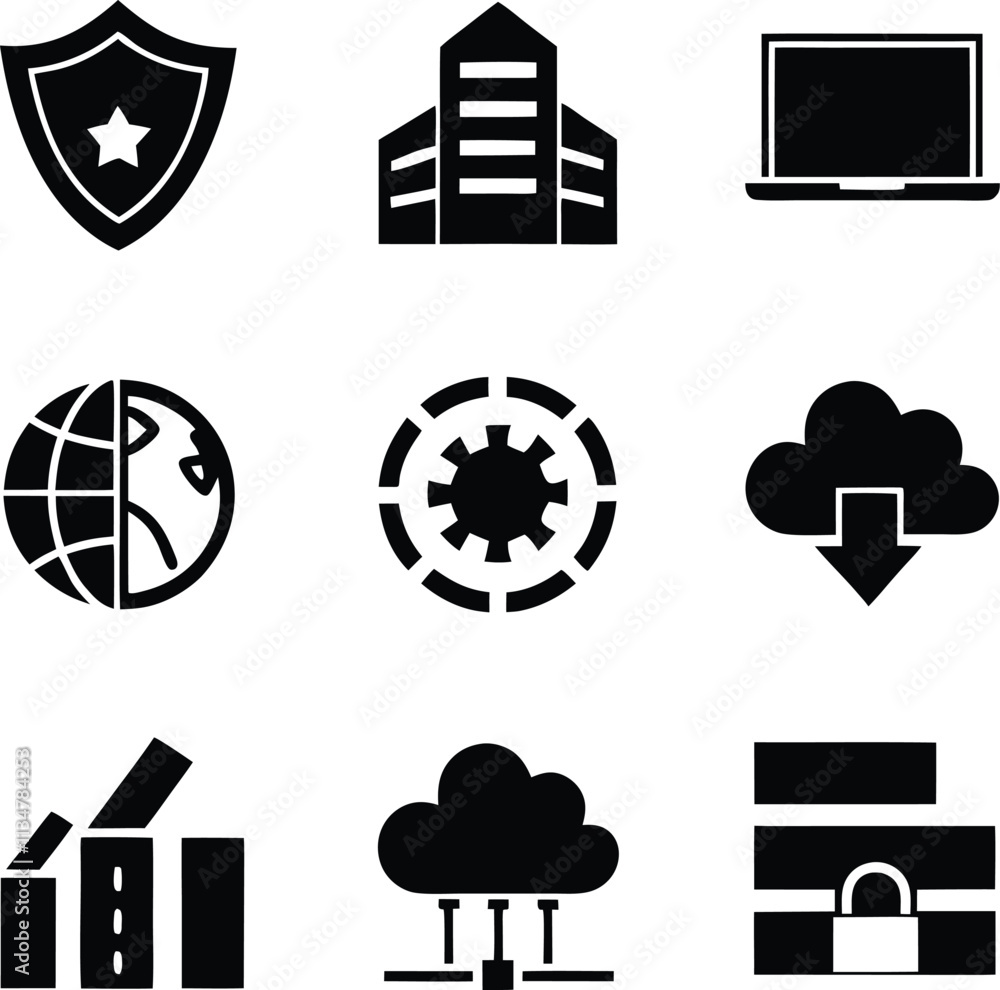 Poster cybersecurity, cloud computing, global network, data protection, and it infrastructure icons