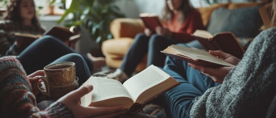 A book club in a cozy setting, with friends sharing thoughts over steaming mugs and open books.