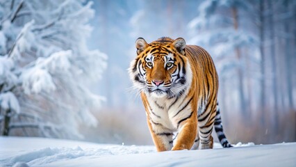 Fototapeta premium Majestic Siberian tiger stalking prey in winter wonderland, Siberian tiger, predator, powerful, majestic, winter, wonderland