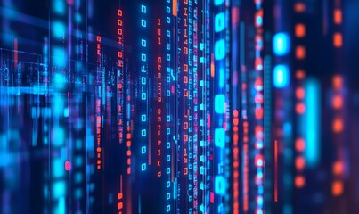 Binary code streams in digital, blue and red abstract composition.