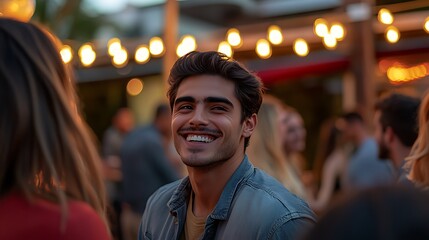 Happy Man Smiling at Outdoor Night Gathering