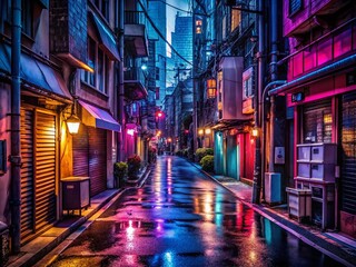 Captivating Night Photography of a Tokyo Street View Featuring a Mysterious Dead End Alley Nestled Between Skyscrapers, Illuminated by Neon Lights and Shadows
