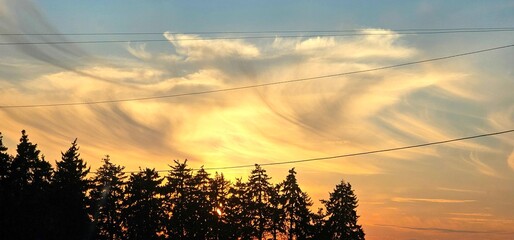 Stunning sunset illuminates clouds and trees in a tranquil evening setting