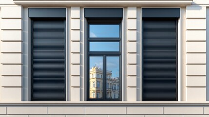 Fototapeta premium Modern window with black shutters reflecting a building in a clean architectural setting.
