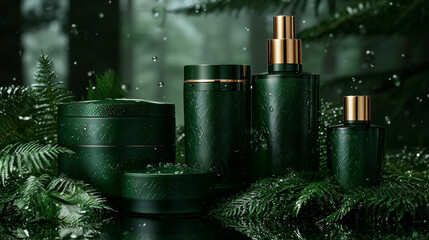 elegant display features eco friendly decorative cosmetics arranged thoughtfully against dark green backdrop highlighting brand's commitment luxury and sustainability.