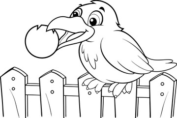 Fototapeta premium Cute Cartoon Bird Eating Red Fruit on Fence Coloring Page