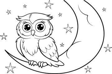 Adorable Owl Perched on Crescent Moon, Night Sky, Stars, Coloring Page