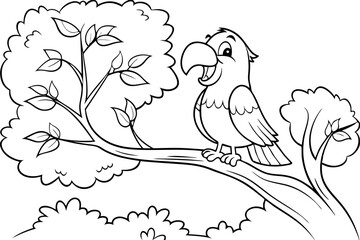 Happy Parrot Perched on Branch, Coloring Page, Cartoon Bird Illustration