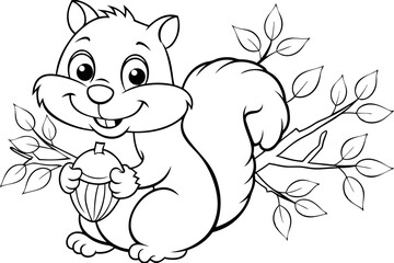 Adorable Cartoon Squirrel Holding Acorn on Branch with Leaves