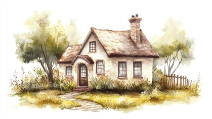A cozy cottage, countryside style, watercolor illustration, warm earthy tones, isolated on white background
