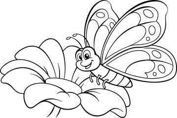 Cartoon Butterfly on Flower, Black and White Line Art Illustration