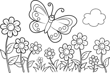 Butterfly, Flowers, Meadow, Coloring Page, Nature, Spring, Insect, Black and White, Simple Design, I