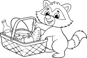 Adorable Cartoon Raccoon Picnic Basket Food Line Art Drawing