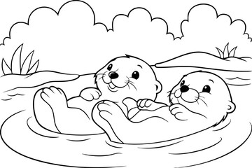 Adorable Otter Pair Playing in a Serene River Scene