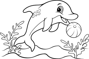 Playful Cartoon Dolphin Coloring Page Ocean Sea Animal Ball