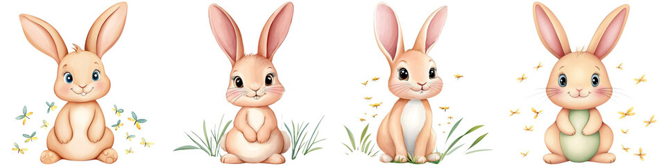 Obraz premium Baby bunny fluffy and warmth, Four cute, cartoon rabbits in various poses, showcasing playful expressions and adorable features.