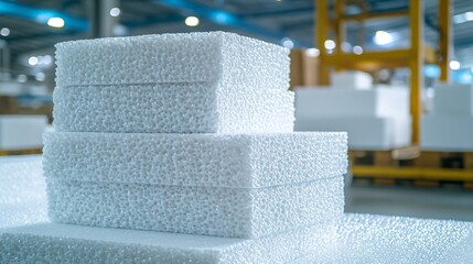 Stacked white packaging materials in a warehouse setting, showcasing a clean and organized industrial environment.