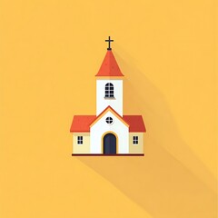 Simple flat design illustration of a church building with a red roof, white walls, and a cross on top, set against a yellow background.