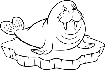 Adorable Cartoon Walrus on Ice Floe Coloring Page Illustration