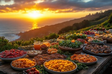 Sunset Dinner Party Abundance Rustic Table Bountiful Harvest Golden Light