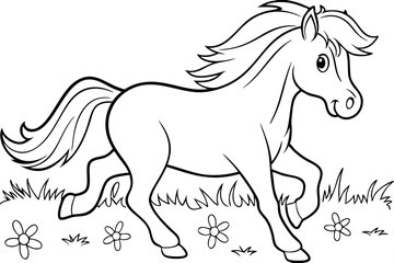 Adorable Cartoon Pony Galloping in Meadow, Coloring Page