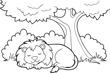 Sleeping Lion Underneath a Tree Coloring Page Illustration
