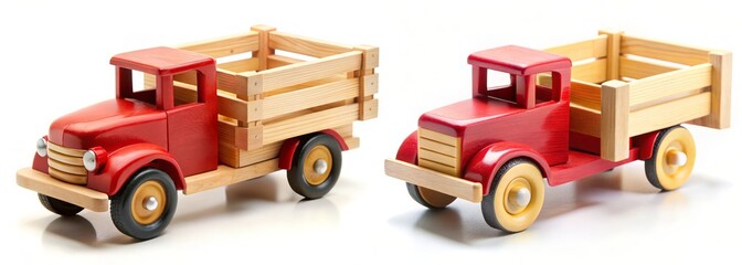 Colorful Wooden Toy Trucks for Children in Bright Red and Natural Wood Finishes