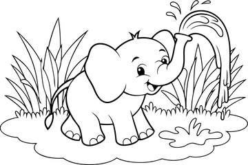 Cute Baby Elephant Playing with Water, Coloring Page, Nature