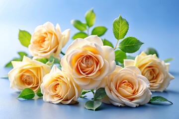 Naklejka premium Beautiful Arrangement of Soft Peach Roses with Green Leaves on a Light Blue Background