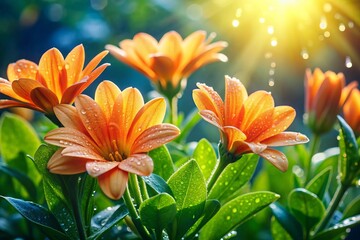 Vibrant Orange Flowers with Dew Under Sunlight in a Beautiful Garden Setting