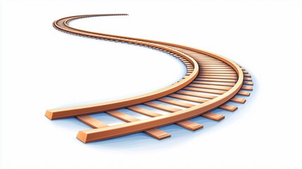 Curved railway track extending into the distance on a white background.