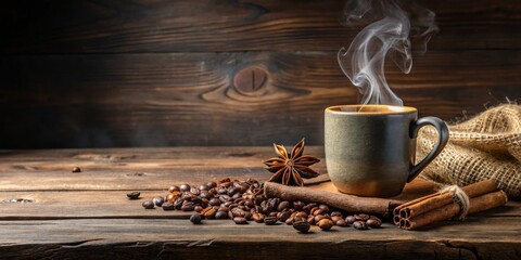 A steaming cup of coffee rests on a rustic wooden table surrounded by scattered coffee beans, star anise, and cinnamon sticks.